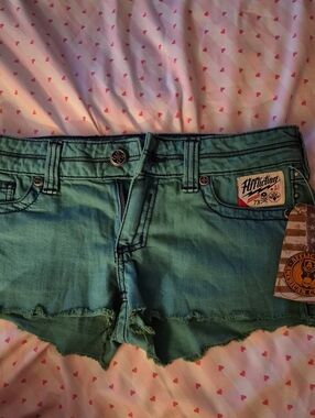 Affliction Green  Low-Rise Distressed Denim Shorts